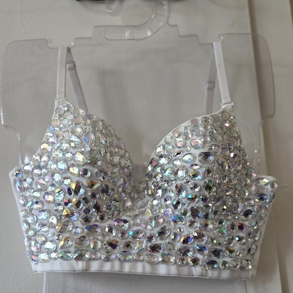 Dressy Hand Sewn Rhinestone Sequin Corset Croptop Adjustable white - Picture 2 of 6